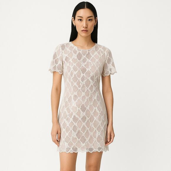 Reiss Anise Pink White Lace Short Sleeve Scalloped Mini Sheath Dress Size 8 - Picture 1 of 6